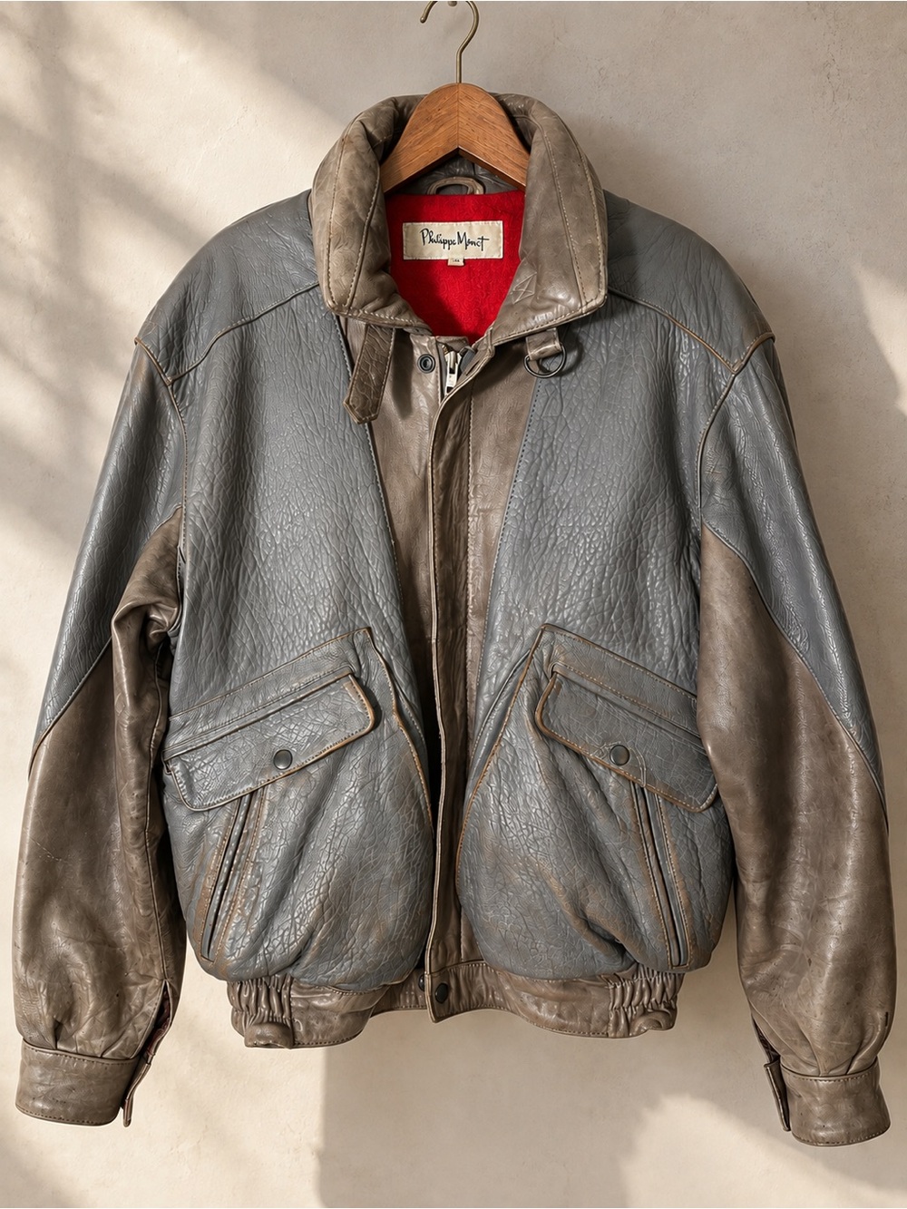 VINTAGE PHILIPPE MONET Leather Flight Bomber Jacket Gray Taupe Size 40